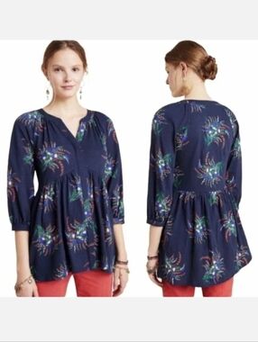 Anthropologie Maeve Winona Floral Tunic Top Navy Cotton Empire Waist Babydoll